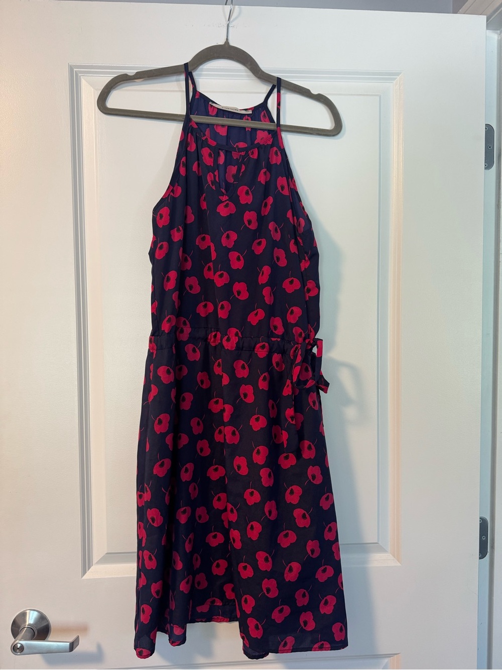 41 Hawthorn Navy Halter Midi Dress with Red Floral Print